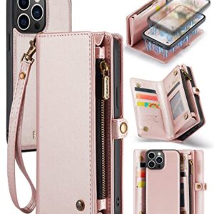 CASEME for iPhone 14 Pro Max Case Wallet Case Cover for Women Men Durable 2 in 1 Detachable Premium Leather with 8 Card Holder Slot Magnetic Zipper Pouch Flip Lanyard Strap Wristlet 6.7 Inch Rose Gold