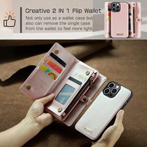 CASEME for iPhone 14 Pro Max Case Wallet Case Cover for Women Men Durable 2 in 1 Detachable Premium Leather with 8 Card Holder Slot Magnetic Zipper Pouch Flip Lanyard Strap Wristlet 6.7 Inch Rose Gold