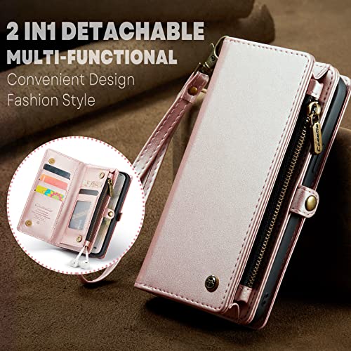 CASEME for iPhone 14 Pro Max Case Wallet Case Cover for Women Men Durable 2 in 1 Detachable Premium Leather with 8 Card Holder Slot Magnetic Zipper Pouch Flip Lanyard Strap Wristlet 6.7 Inch Rose Gold