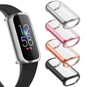 vanjua compatible with fitbit luxe screen protector case, [4 pack] soft tpu full around protective cover bumper for fitbit luxe smartwatch accessories (black+silver+rosegold+rosepink)