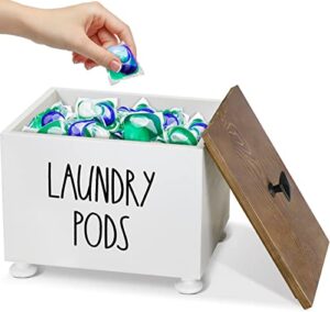 rustic wood laundry pods holder container with lid for laundry room decor and accessories, laundry detergent pod holder storage dispenser, space saving laundry room organization and storage