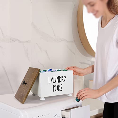 Rustic Wood Laundry Pods Holder Container with Lid for Laundry Room Decor and Accessories, Laundry Detergent Pod Holder Storage Dispenser, Space Saving Laundry Room Organization and Storage