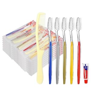 skourvut 100 pack disposable toothbrushes with toothpaste and comb for homeless individually wrapped-suitable for hotel,air bnb,shelter/homeless/nursing home/charity 1