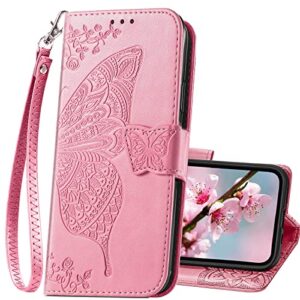 designed for iphone 13 case wallet for women,flip folio cover with butterfly embossed pu leather kickstand credit card holder slots magnetic wrist strap protective phone case for iphone 13 (pink)