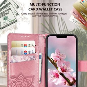 Designed for iPhone 13 Case Wallet for Women,Flip Folio Cover with Butterfly Embossed PU Leather Kickstand Credit Card Holder Slots Magnetic Wrist Strap Protective Phone Case for iPhone 13 (Pink)