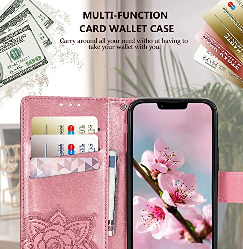 Designed for iPhone 13 Case Wallet for Women,Flip Folio Cover with Butterfly Embossed PU Leather Kickstand Credit Card Holder Slots Magnetic Wrist Strap Protective Phone Case for iPhone 13 (Pink)