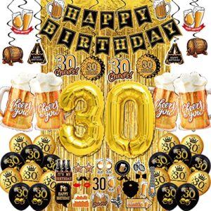 30th birthday decorations for him men - (60pcs) black gold party banner, 40 inch gold number balloons,30th sign latex balloon,fringe curtains and cheers to you foil balloons,hanging swirl,photo props
