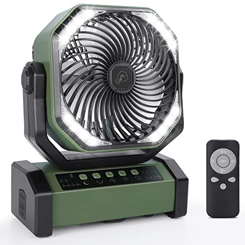 FUNMAT Camping Fan with LED Light, 20000mAh Rechargeable Battery Operated Table Fan, Auto-Oscillating Tent Fan with Remote & Hook, 4 Speed Portable Camping Fan for Travel Picnic Fishing, Green