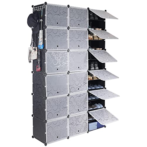 ALBOMI Portable Shoe Rack Organizer 72 Pairs, 12 Tier Stackable Plastic Shoe Storage Cabinet with Doors & Hooks, 18-Cube Space Saver Shoe Shelves for Entryway Closet Hallway Bedroom (Black)