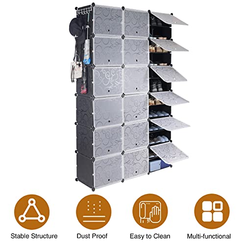 ALBOMI Portable Shoe Rack Organizer 72 Pairs, 12 Tier Stackable Plastic Shoe Storage Cabinet with Doors & Hooks, 18-Cube Space Saver Shoe Shelves for Entryway Closet Hallway Bedroom (Black)