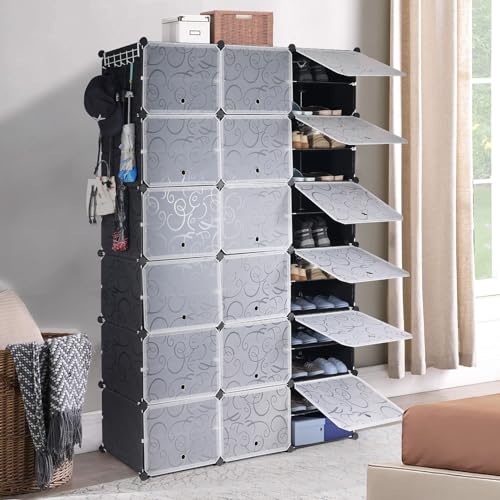 ALBOMI Portable Shoe Rack Organizer 72 Pairs, 12 Tier Stackable Plastic Shoe Storage Cabinet with Doors & Hooks, 18-Cube Space Saver Shoe Shelves for Entryway Closet Hallway Bedroom (Black)