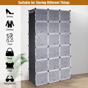 ALBOMI Portable Shoe Rack Organizer 72 Pairs, 12 Tier Stackable Plastic Shoe Storage Cabinet with Doors & Hooks, 18-Cube Space Saver Shoe Shelves for Entryway Closet Hallway Bedroom (Black)