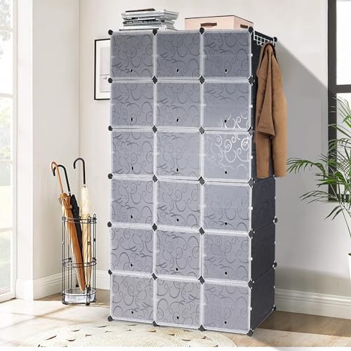 ALBOMI Portable Shoe Rack Organizer 72 Pairs, 12 Tier Stackable Plastic Shoe Storage Cabinet with Doors & Hooks, 18-Cube Space Saver Shoe Shelves for Entryway Closet Hallway Bedroom (Black)