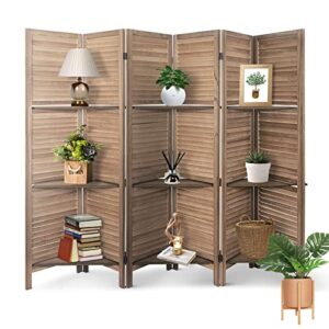 babion 6 panels room divider, privacy screen room dividers and folding privacy screen, room dividers with 3 display shelves, wood room divider, partition wall for home office, brown