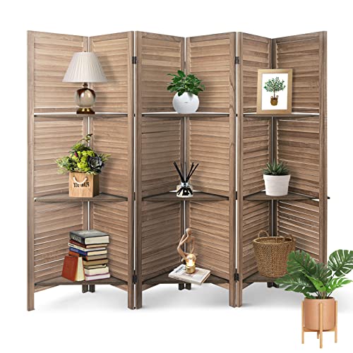 Babion 6 Panels Room Divider, Privacy Screen Room Dividers and Folding Privacy Screen, Room Dividers with 3 Display Shelves, Wood Room Divider, Partition Wall for Home Office, Brown