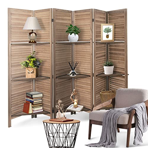 Babion 6 Panels Room Divider, Privacy Screen Room Dividers and Folding Privacy Screen, Room Dividers with 3 Display Shelves, Wood Room Divider, Partition Wall for Home Office, Brown