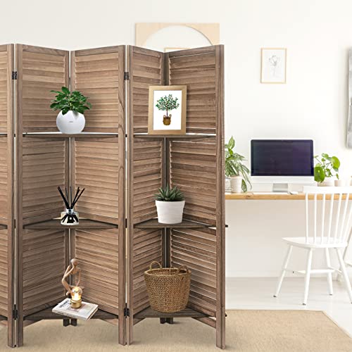 Babion 6 Panels Room Divider, Privacy Screen Room Dividers and Folding Privacy Screen, Room Dividers with 3 Display Shelves, Wood Room Divider, Partition Wall for Home Office, Brown