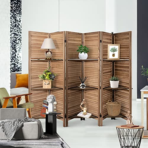 Babion 6 Panels Room Divider, Privacy Screen Room Dividers and Folding Privacy Screen, Room Dividers with 3 Display Shelves, Wood Room Divider, Partition Wall for Home Office, Brown