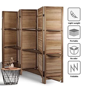 Babion 6 Panels Room Divider, Privacy Screen Room Dividers and Folding Privacy Screen, Room Dividers with 3 Display Shelves, Wood Room Divider, Partition Wall for Home Office, Brown