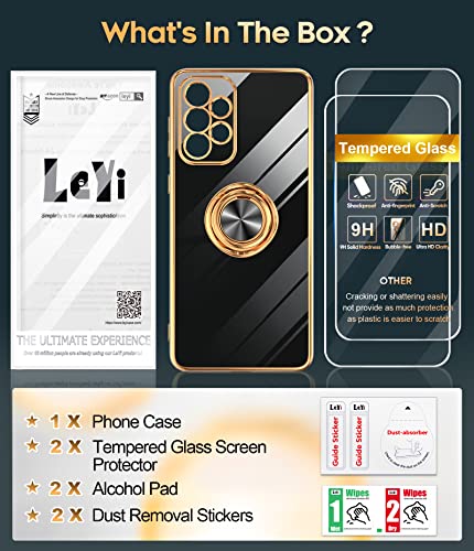 LeYi for Galaxy A53 5G Phone Case: with Tempered Glass Screen Protector [2 Pack] 360° Rotatable Ring Holder Magnetic Kickstand, Plating Rose Gold Edge Protective Case, Black