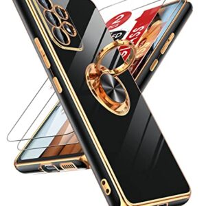 LeYi for Galaxy A53 5G Phone Case: with Tempered Glass Screen Protector [2 Pack] 360° Rotatable Ring Holder Magnetic Kickstand, Plating Rose Gold Edge Protective Case, Black