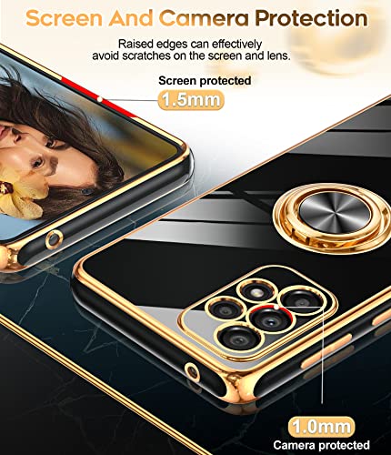 LeYi for Galaxy A53 5G Phone Case: with Tempered Glass Screen Protector [2 Pack] 360° Rotatable Ring Holder Magnetic Kickstand, Plating Rose Gold Edge Protective Case, Black