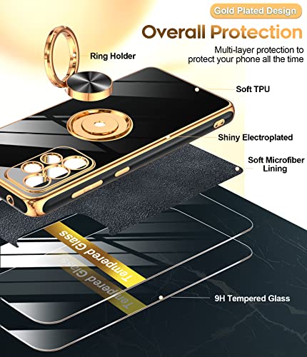 LeYi for Galaxy A53 5G Phone Case: with Tempered Glass Screen Protector [2 Pack] 360° Rotatable Ring Holder Magnetic Kickstand, Plating Rose Gold Edge Protective Case, Black