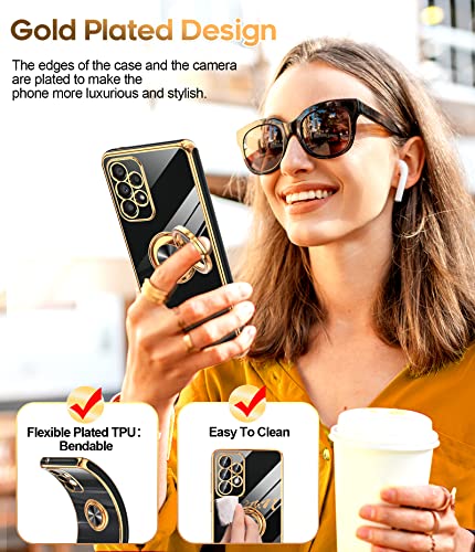 LeYi for Galaxy A53 5G Phone Case: with Tempered Glass Screen Protector [2 Pack] 360° Rotatable Ring Holder Magnetic Kickstand, Plating Rose Gold Edge Protective Case, Black