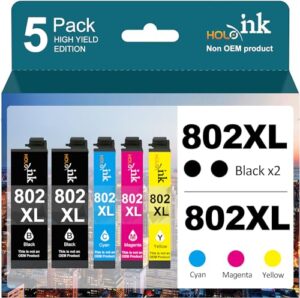 5 pack 802xl remanufactured replacement for epson 802 ink cartridges for workforce pro wf-4740 wf-4730 wf-4720 wf-4734 ec-4020 ec-4030 (2 black, 1 cyan, 1 magenta, 1 yellow)