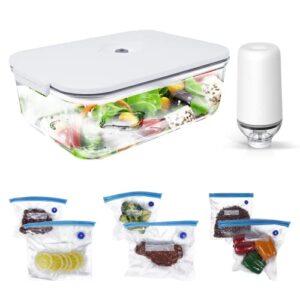 vacuum seal storage container starter kit (2l/half-gallon x1), with handheld automatic pump & 6 vacuum bags, vacuum container for food storage, airtight food preservation -bpa free, freezer safe