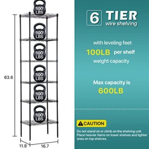 6 Tier Shelving Unit Narrow Shelf Storage Shelves Tall Skinny Shelf for Small Spaces Bathroom Racks and Shelves Corner Storage Rack for Kitchen Laundry Pantry Closet 16.7" l×11.8" w × 63.6" h, Black