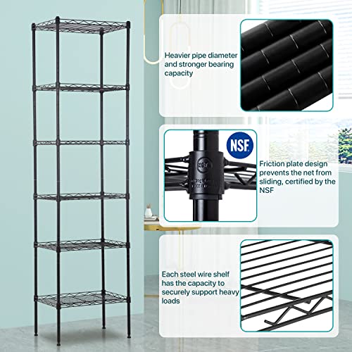 6 Tier Shelving Unit Narrow Shelf Storage Shelves Tall Skinny Shelf for Small Spaces Bathroom Racks and Shelves Corner Storage Rack for Kitchen Laundry Pantry Closet 16.7" l×11.8" w × 63.6" h, Black