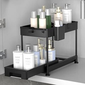 sodpe bathroom cabinet organizer, 2 tier under sink organizer, sliding kitchen basket organizer drawer, multi-purpose storage shelf for kitchen countertop and cabinet with hooks, hanging cup, divider