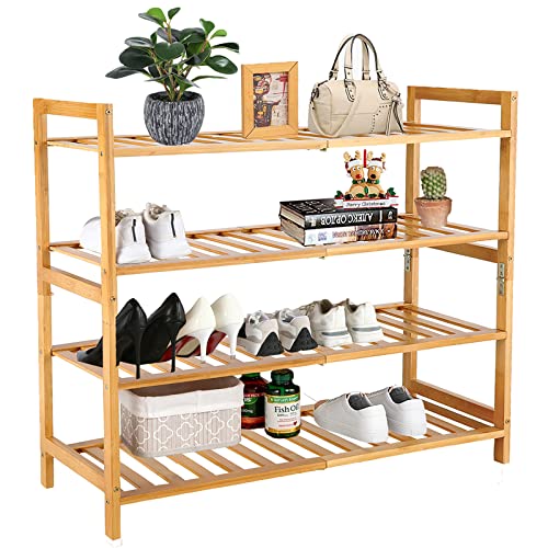 AKEYDIY Bamboo Shoe Rack 4-Tier Natural Premium Stackable Shoe Shelf Storage Organizer for Entryway Hallway Closet Living Room Organizer Multi-Function Shoe Racks,27 x 11 x 27 inch(Natural Bamboo)