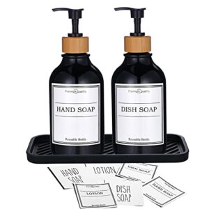 set of 2, 16 oz dish soap dispenser for kitchen sink with bamboo pump, black plastic kitchen soap dispenser set with black silicone tray