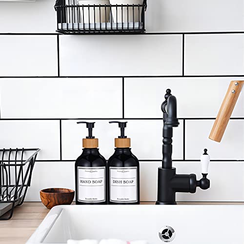 Set of 2, 16 Oz Dish Soap Dispenser for Kitchen Sink with Bamboo Pump, Black Plastic Kitchen Soap Dispenser Set with Black Silicone Tray