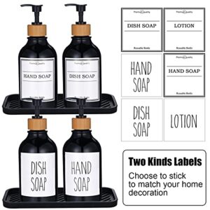 Set of 2, 16 Oz Dish Soap Dispenser for Kitchen Sink with Bamboo Pump, Black Plastic Kitchen Soap Dispenser Set with Black Silicone Tray