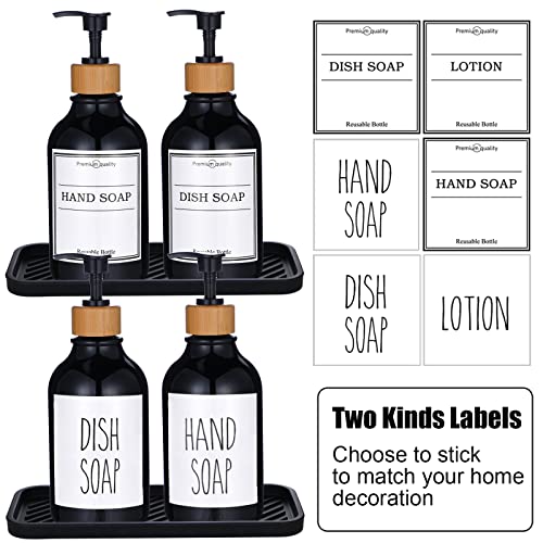 Set of 2, 16 Oz Dish Soap Dispenser for Kitchen Sink with Bamboo Pump, Black Plastic Kitchen Soap Dispenser Set with Black Silicone Tray