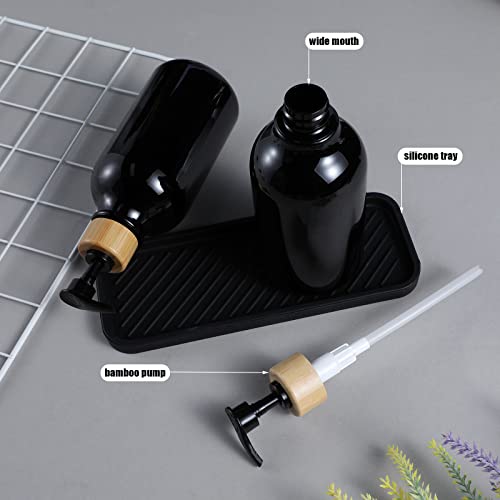 Set of 2, 16 Oz Dish Soap Dispenser for Kitchen Sink with Bamboo Pump, Black Plastic Kitchen Soap Dispenser Set with Black Silicone Tray