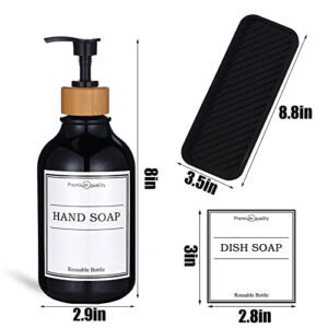 Set of 2, 16 Oz Dish Soap Dispenser for Kitchen Sink with Bamboo Pump, Black Plastic Kitchen Soap Dispenser Set with Black Silicone Tray