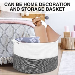 Large Woven Cotton Rope Storage Basket with Handle Laundry Basket Baby Toy Storage Basket Clothes Blanket Basket Bedroom Living Room Laundry Basket (22''*14'') (black & white)