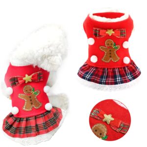 Dog Christmas Dress Clothes with Bow Plaid Lace Costume for Poodle Puppy Cat Small Dogs Sweater Fleece Warm Outfits for New Year Party Festival Thanksgiving