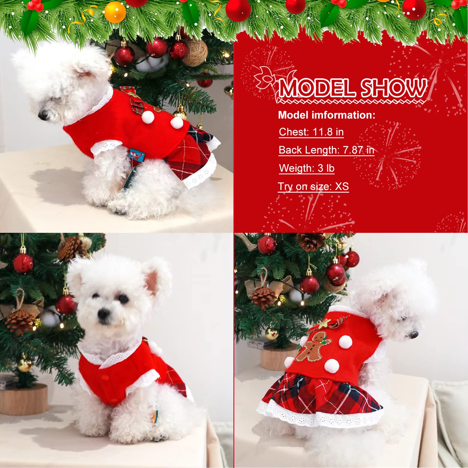 Dog Christmas Dress Clothes with Bow Plaid Lace Costume for Poodle Puppy Cat Small Dogs Sweater Fleece Warm Outfits for New Year Party Festival Thanksgiving