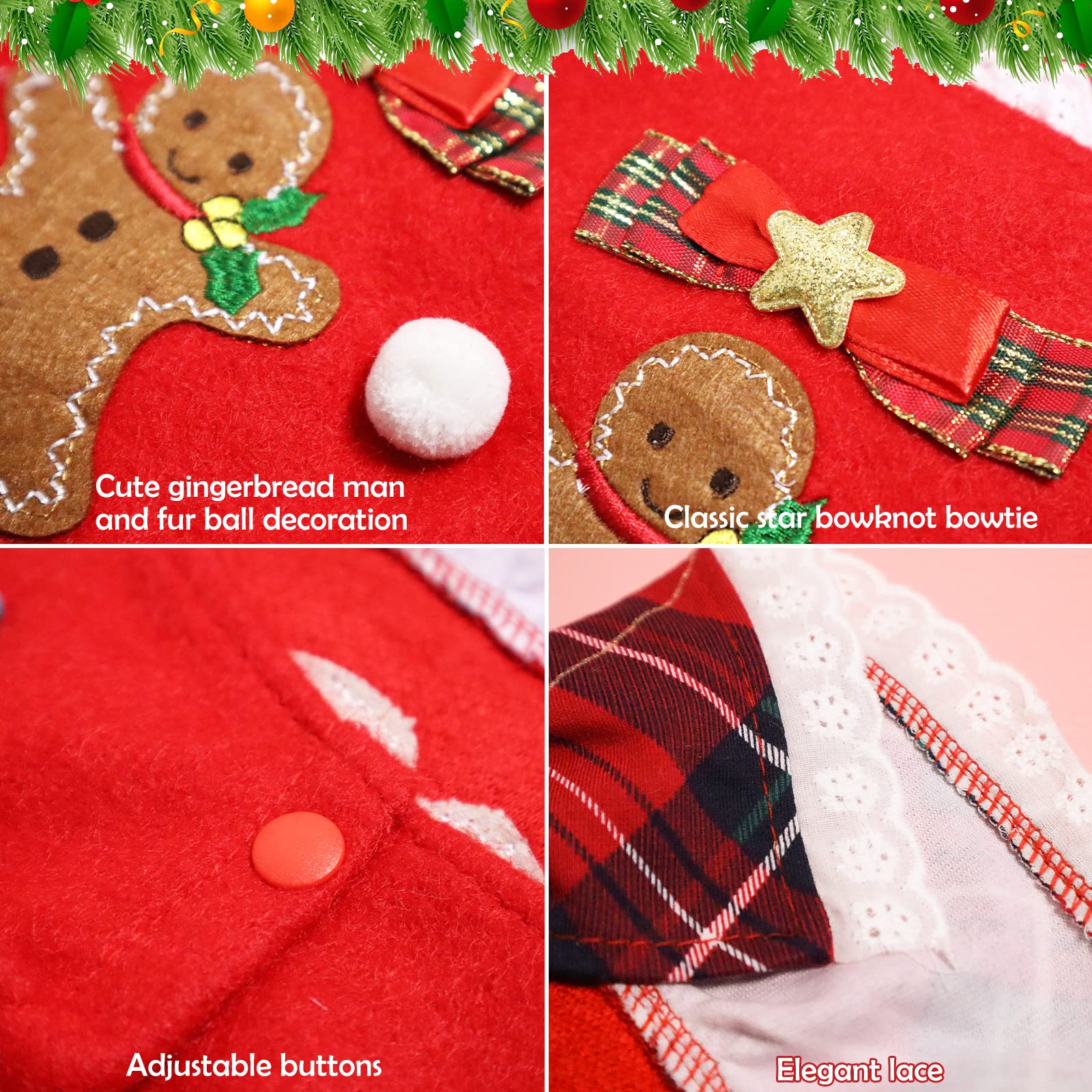 Dog Christmas Dress Clothes with Bow Plaid Lace Costume for Poodle Puppy Cat Small Dogs Sweater Fleece Warm Outfits for New Year Party Festival Thanksgiving