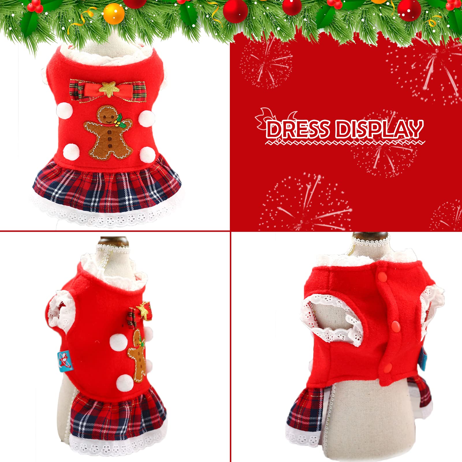 Dog Christmas Dress Clothes with Bow Plaid Lace Costume for Poodle Puppy Cat Small Dogs Sweater Fleece Warm Outfits for New Year Party Festival Thanksgiving