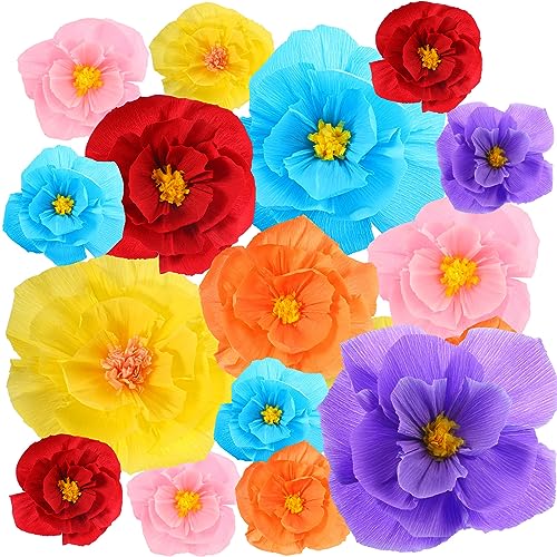 18 Pieces Mexican Paper Flowers Colorful Fiesta Paper Flowers Carnival Crepe Paper Flowers Mexican Party Decorations Supplies for Cinco De Mayo Party Taco Party 12,10,8 Inch