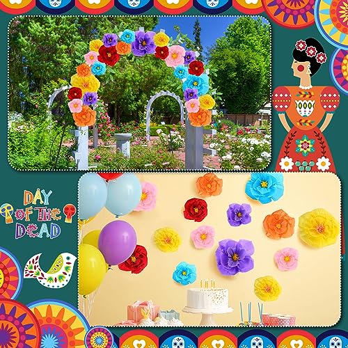 18 Pieces Mexican Paper Flowers Colorful Fiesta Paper Flowers Carnival Crepe Paper Flowers Mexican Party Decorations Supplies for Cinco De Mayo Party Taco Party 12,10,8 Inch