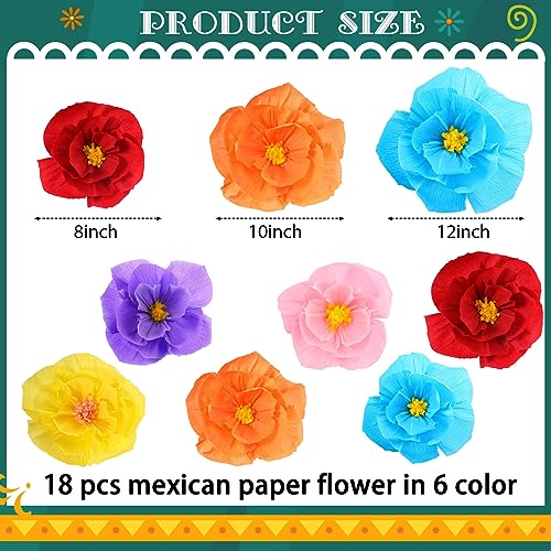 18 Pieces Mexican Paper Flowers Colorful Fiesta Paper Flowers Carnival Crepe Paper Flowers Mexican Party Decorations Supplies for Cinco De Mayo Party Taco Party 12,10,8 Inch