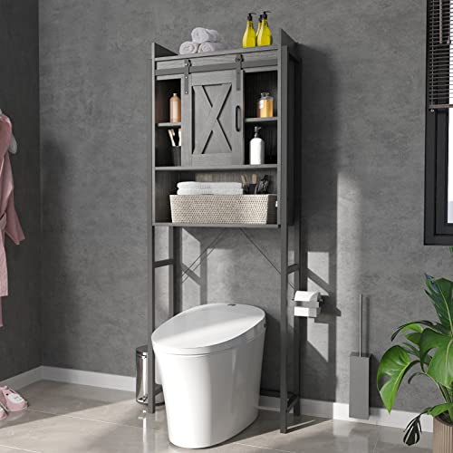 SOSPIRO Farmhouse Over The Toilet Storage with Sliding Barn Door, Freestanding Bathroom Organizer Over Toilet Storage Cabinet with Adjustable Shelf, Metal Frame Space Saver Toilet Stands, Grey