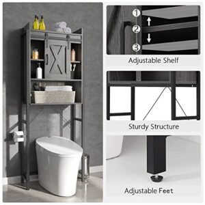 SOSPIRO Farmhouse Over The Toilet Storage with Sliding Barn Door, Freestanding Bathroom Organizer Over Toilet Storage Cabinet with Adjustable Shelf, Metal Frame Space Saver Toilet Stands, Grey